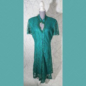 Nu Mode Vintage Emerald Green Lace Overlay Maxi Dress Edwardian